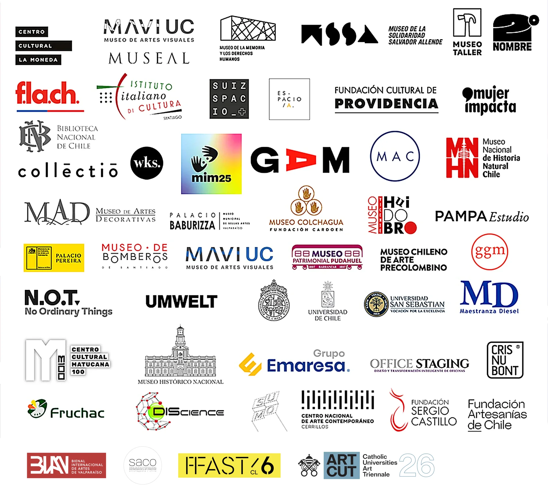 Logos de museos, universidades, bienales y fundaciones culturales que han trabajado con Fourmi