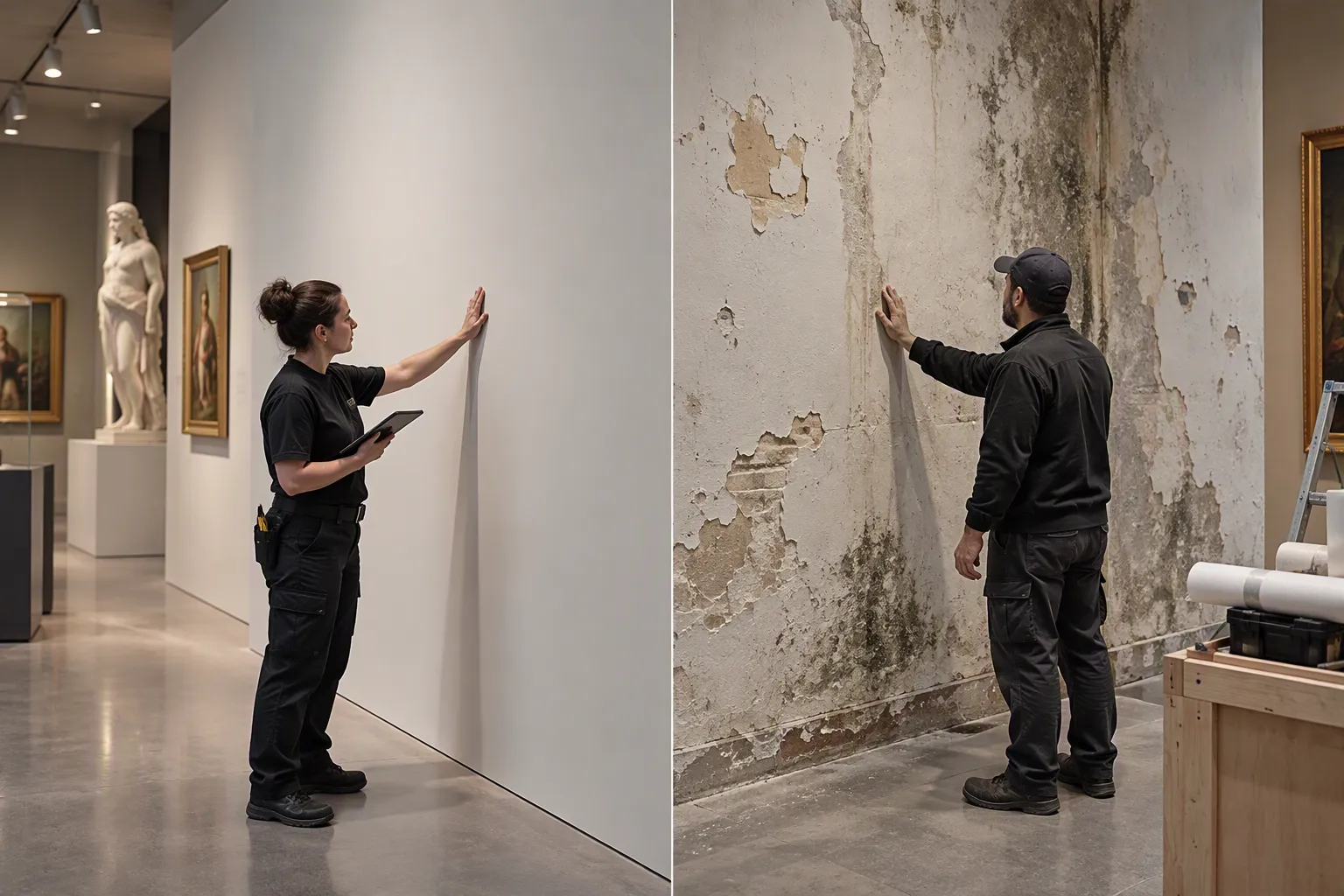 Comparación de dos muros: a la izquierda, un muro liso y pintado en buen estado; a la derecha, un muro con humedad, manchas y pintura descascarada que no es apto para vinilo