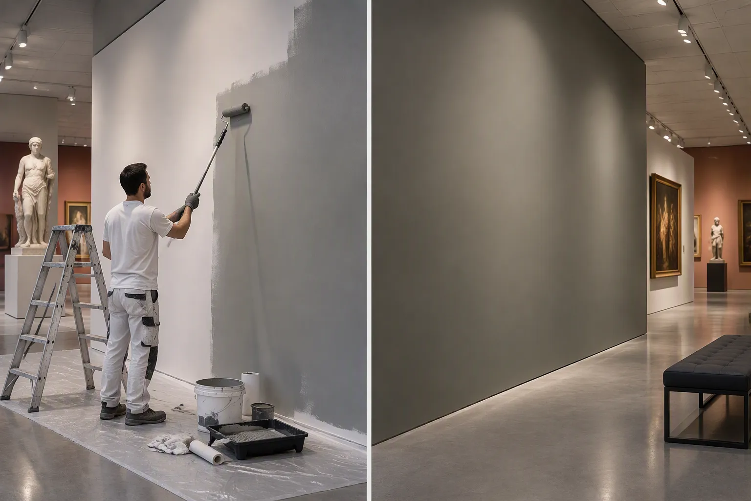 A la izquierda, un pintor aplica con rodillo la segunda mano de pintura gris sobre un muro de sala; a la derecha, el mismo tipo de muro terminado, con pintura mate uniforme y lista para recibir gráfica
