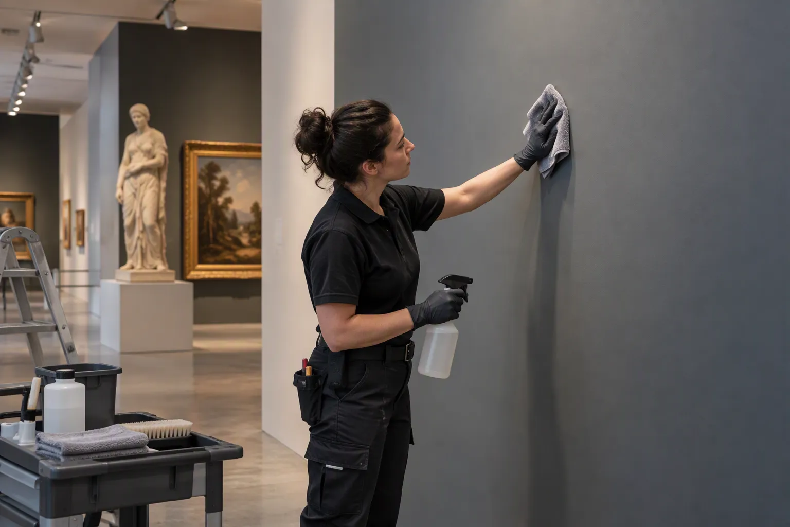 Instaladora con guantes limpia un muro gris pintado con un paño de microfibra antes de instalar vinilo