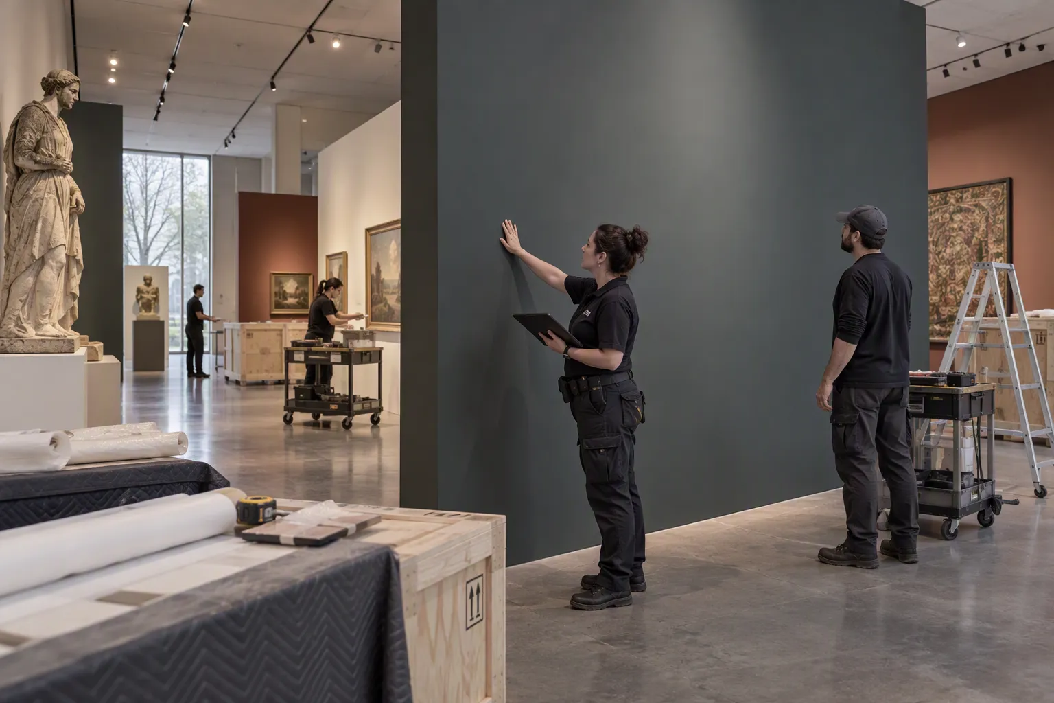 Equipo de montaje revisa al tacto un muro pintado en una sala de exposición en proceso de montaje