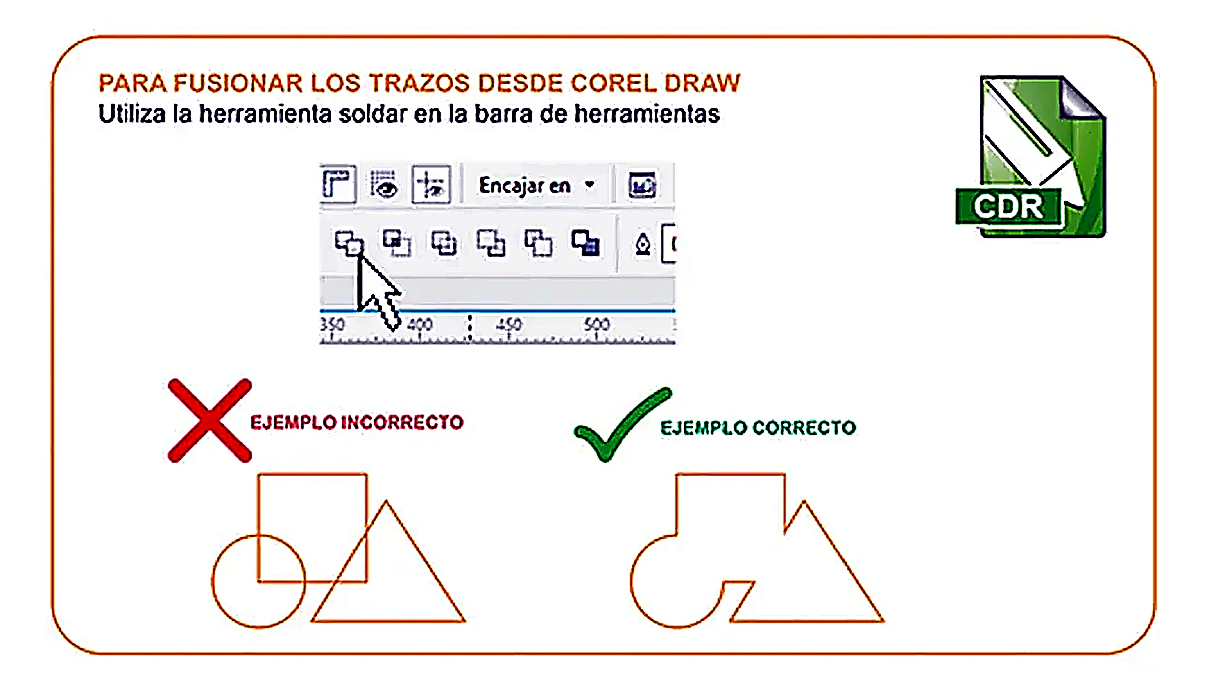 Cómo fusionar trazos en CorelDRAW con la herramienta Soldar: ejemplo incorrecto y correcto